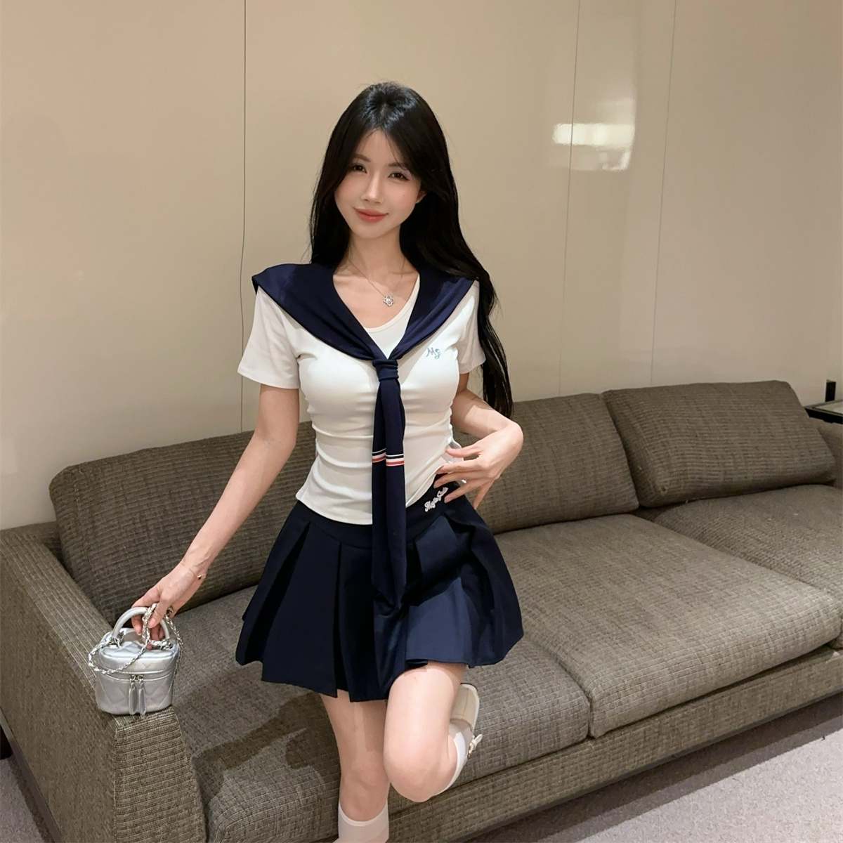 新款学院风制服辣妹披肩短袖T恤上衣高腰a字百褶裙jk两件套女潮