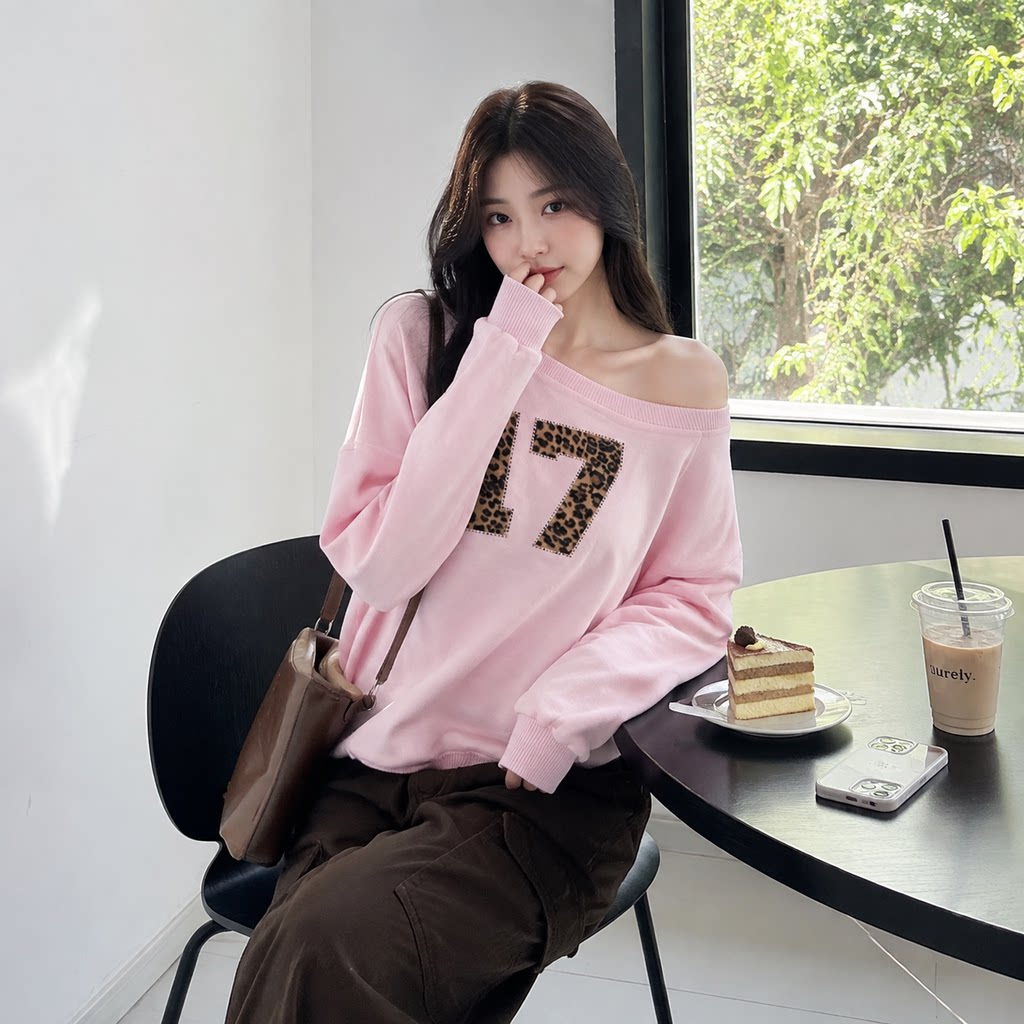 美式复古粉色豹纹宽松显瘦卫衣