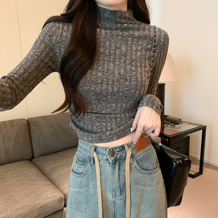 半高领磨毛打底衫女内搭秋冬长袖t恤女设计感小众修身短款上衣潮