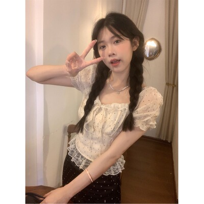 大码法式蕾丝花边波点泡泡袖衬衫女夏季胖mm显瘦甜美修身短款上衣