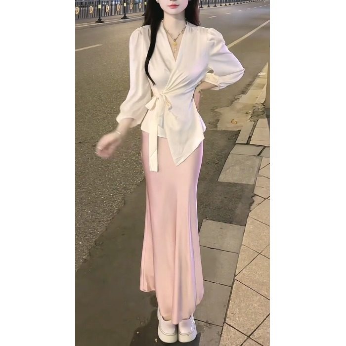 2025法式不规则绑带V领收腰长袖衬衫女装+高腰显瘦鱼尾裙气质套装