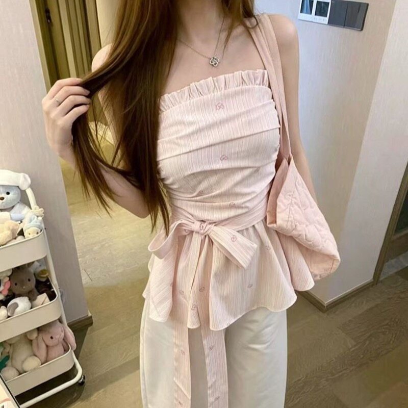 甜美粉色夏季新款抹胸系带收腰显瘦修身条纹氛围感无袖少女上衣