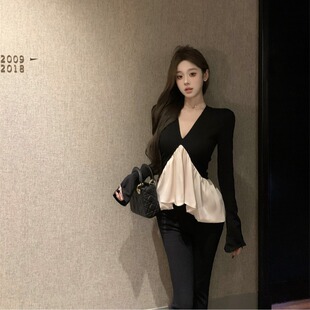 赫本风气质拼色高级长袖上衣女装早秋新款设计感时髦高级名媛小衫