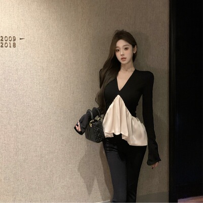 赫本风气质拼色高级长袖上衣女装早秋新款设计感时髦高级名媛小衫