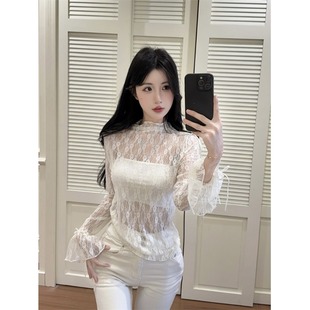 蕾丝网纱打底衫女内搭叠穿长袖春秋紧身喇叭袖洋气白色上衣薄款透