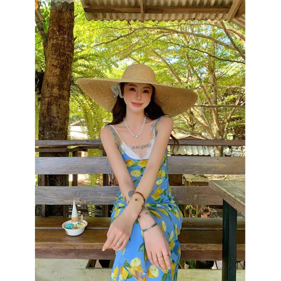 茶歇桔梗法式柠檬印花连衣裙海边度假穿搭吊带裙气质温柔长裙子夏