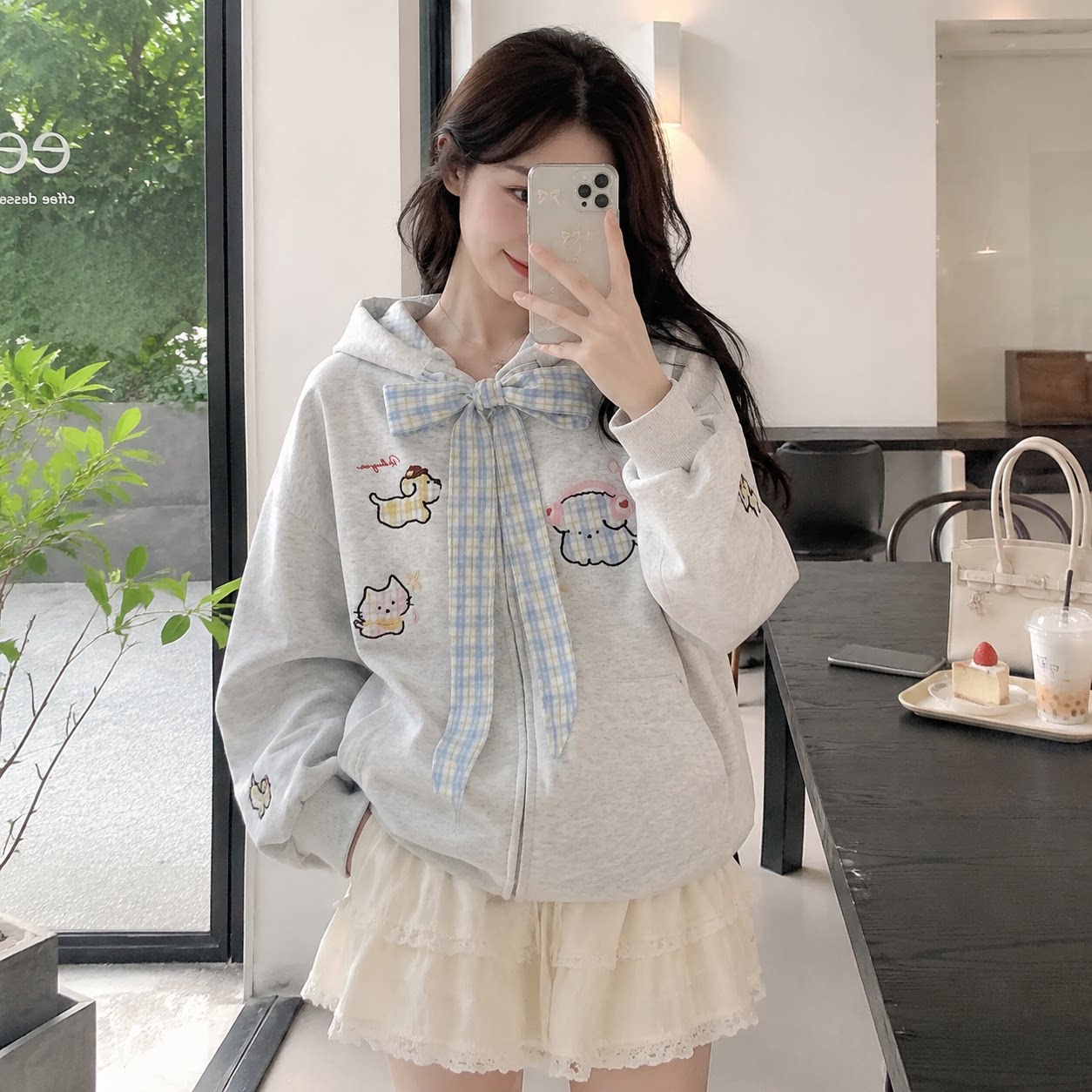 韩系甜美卡通蝴蝶结开衫卫衣女