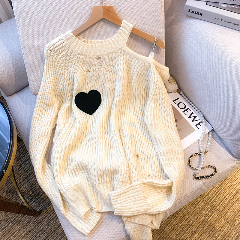 爱心镂空毛衣女纯欲氛围感宽松慵懒风甜辣露肩针织上衣设计感小众