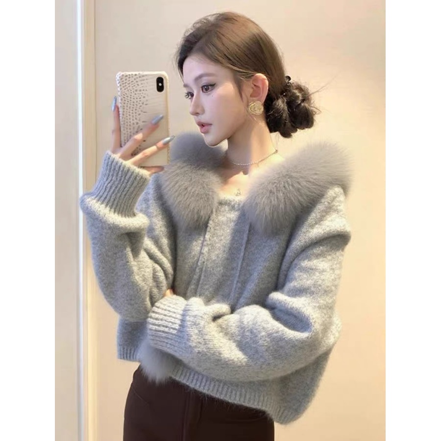韩系毛领连帽针织衫2025秋冬