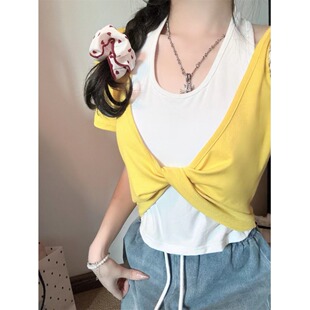 辣妹拼接设计感短袖T恤正肩韩系假两件慵懒风休闲纯欲风甜美上衣