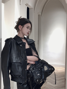 甜酷辣妹风翻领长袖皮衣外套女2024春秋季气质pu皮机车夹克上衣