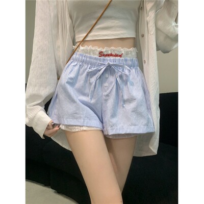 蓝色条纹短裤女夏季设计感抽绳高腰显瘦阔腿热裤+蕾丝绣花打底裤