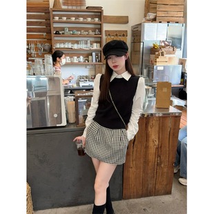 三件套女 衬衫 韩系清纯减龄无袖 针织马甲背心内搭纯色polo领长袖