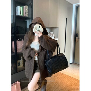 特大码350斤胖mm连帽针织开衫女秋冬新款宽松慵懒风加厚毛衣外套