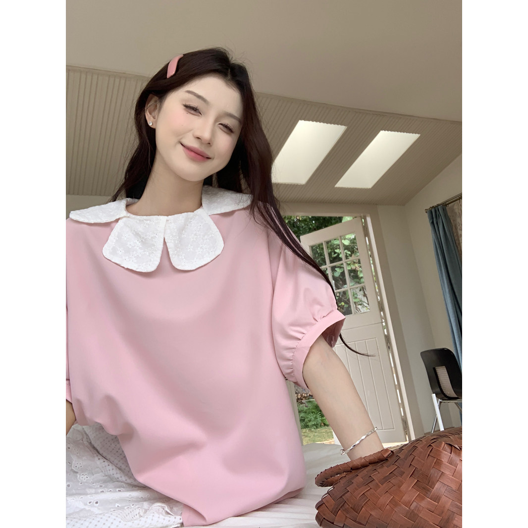 夏季韩系甜美蕾丝娃娃领衬衫大码