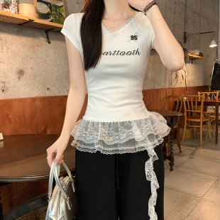 t恤新款 显瘦美式 白色蕾丝拼接v领正肩短袖 修身 辣妹短款 上衣女夏季