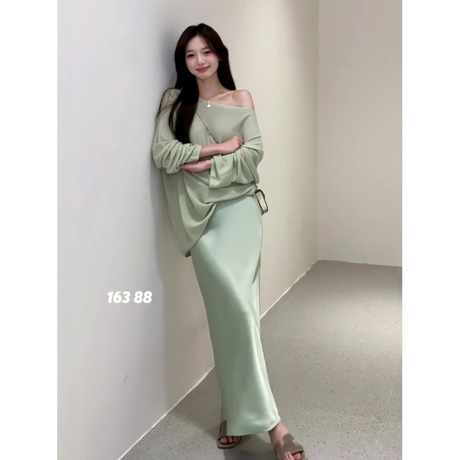 温柔风绿色斜肩长袖针织衫套装女2025年春季高腰鱼尾半身裙两件套