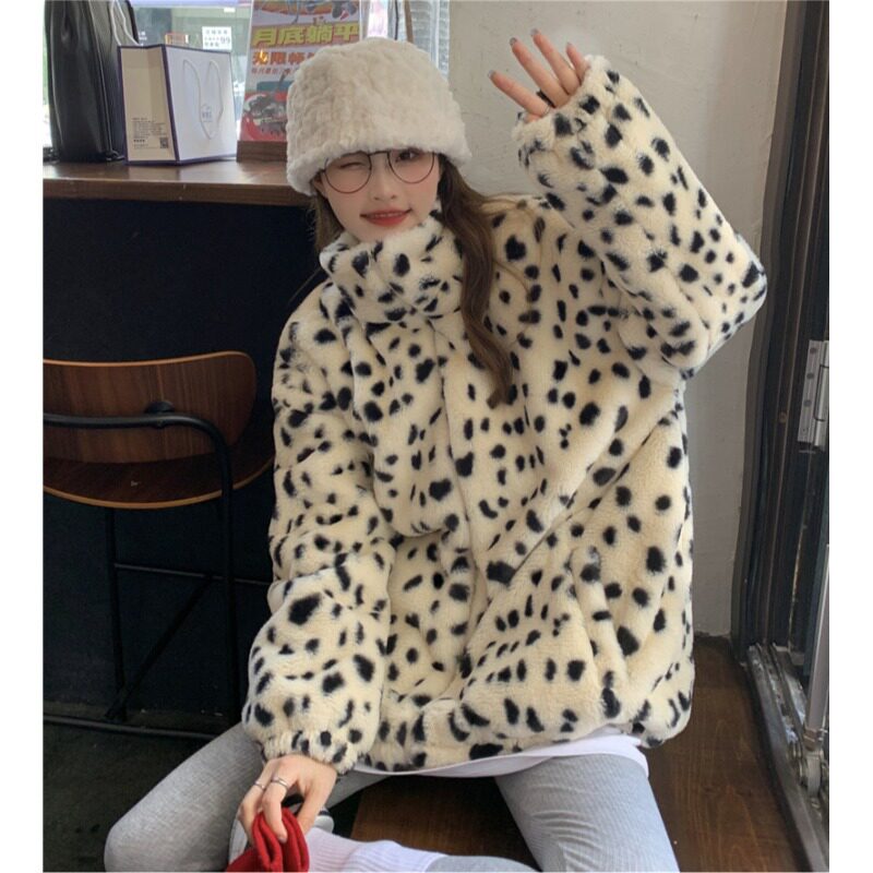 宽松外套女欧美高端时尚复古豹纹高领拉链开衫加厚奶牛纹新款毛毛