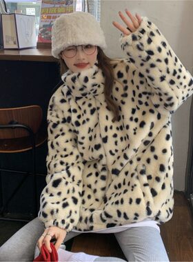 宽松外套女欧美高端时尚复古豹纹高领拉链开衫加厚奶牛纹新款毛毛