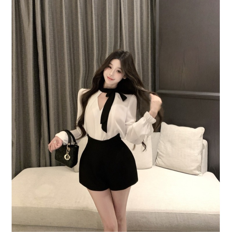 御姐风套装女蝴蝶结绑带v领长袖衬衫春设计感小众衬衣短裤两件套