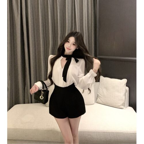 御姐风套装女蝴蝶结绑带v领长袖衬衫春设计感小众衬衣短裤两件套