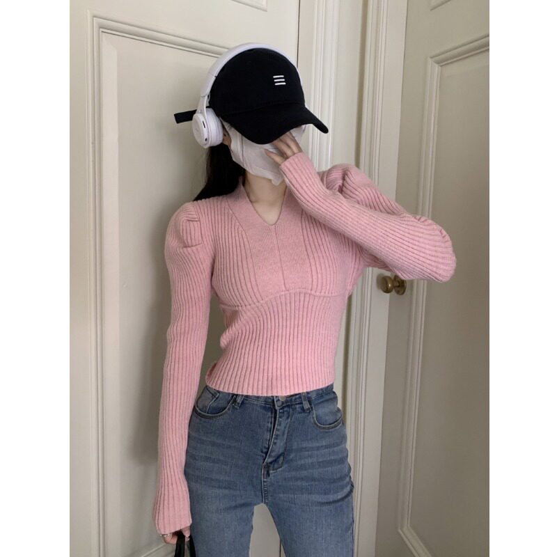 短款修身泡泡袖针织毛衣女秋冬高级感收腰打底衫别致v领上衣内搭