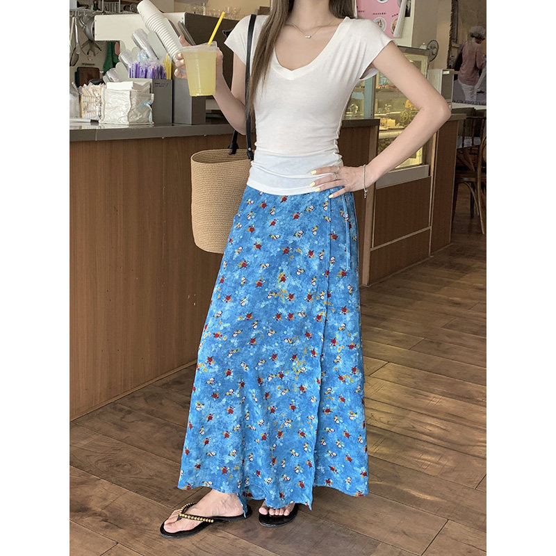 蓝色碎花油画系带半身裙女2026夏季新款高腰显瘦复古A字长裙子ins