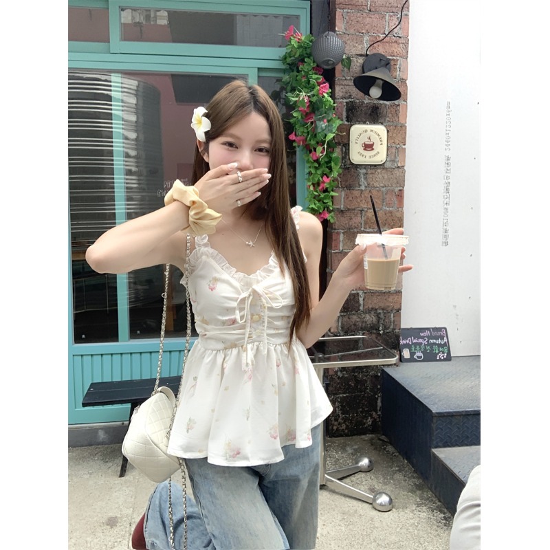 甜美碎花法式v领吊带背心2025夏季新款宽松设计短款百搭显瘦上衣