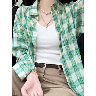 外套开衫 防晒宽松叠穿上衣休闲格子长袖 衬衣 格纹绿色格子衬衫 新款