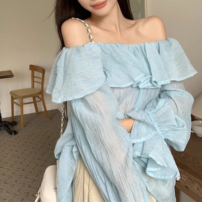 2025夏季新款胖mm法式露肩一字领褶皱衬衫女宽松荷叶边遮肉上衣潮