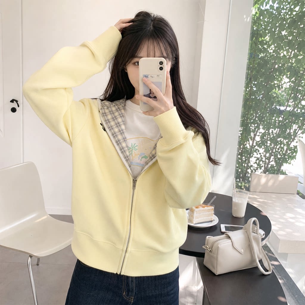 美式复古奶黄格连帽开衫卫衣女