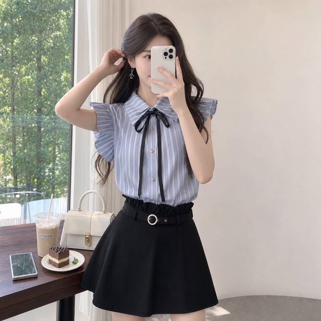 学院风小飞袖条纹衬衫女春夏减龄