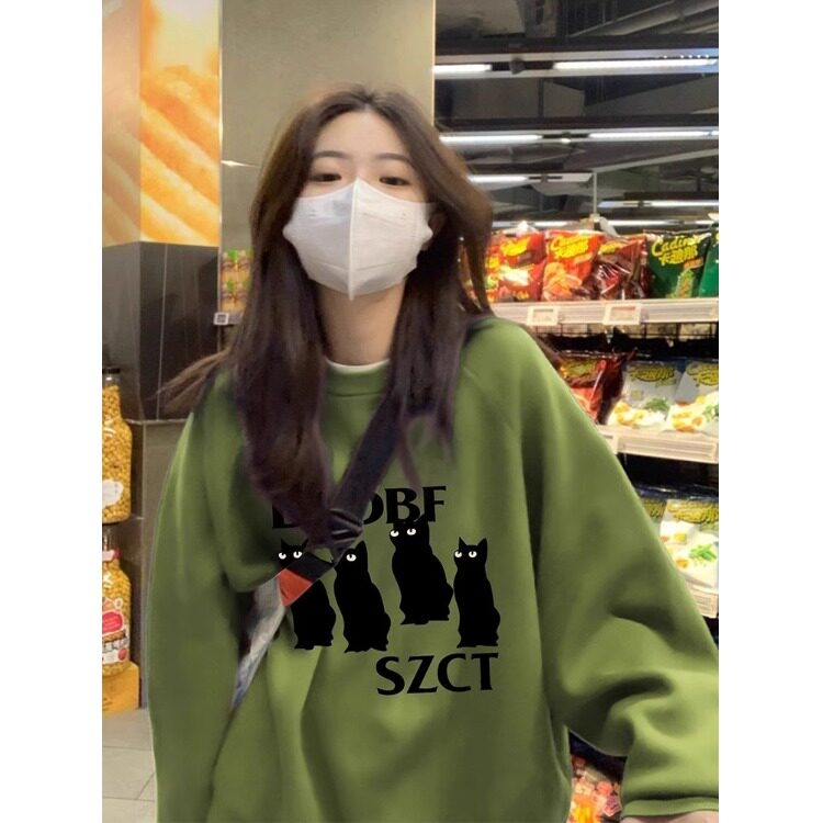 绿色无帽卫衣女2025年新款春秋美式复古潮牌小众设计感慵懒风上衣