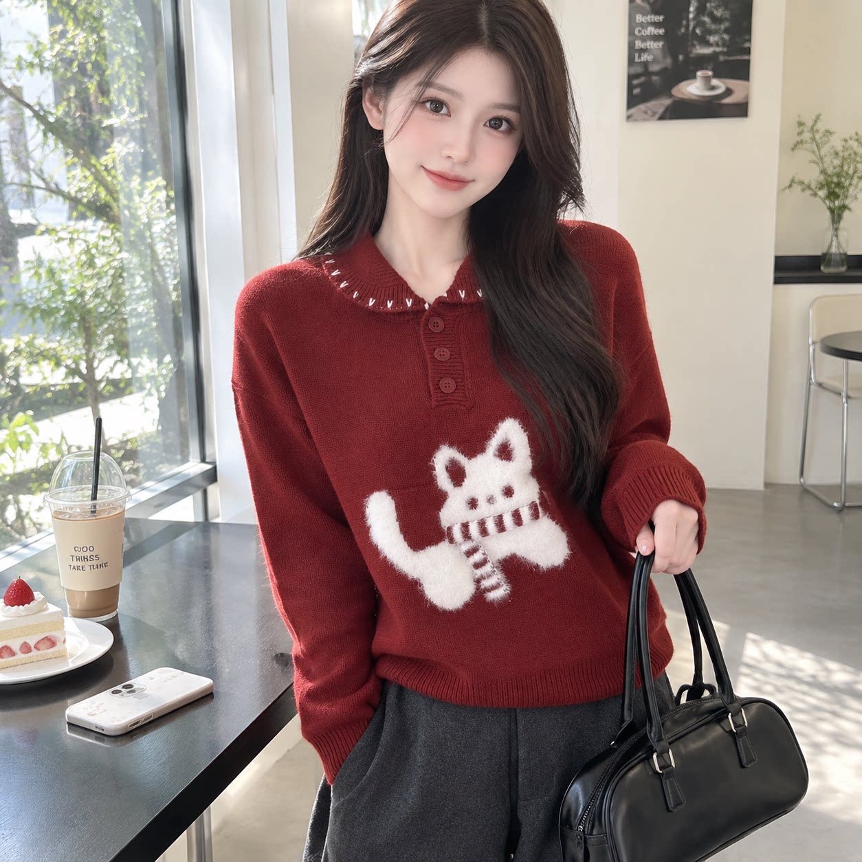 韩系猫咪提花翻领套头毛衣女秋冬