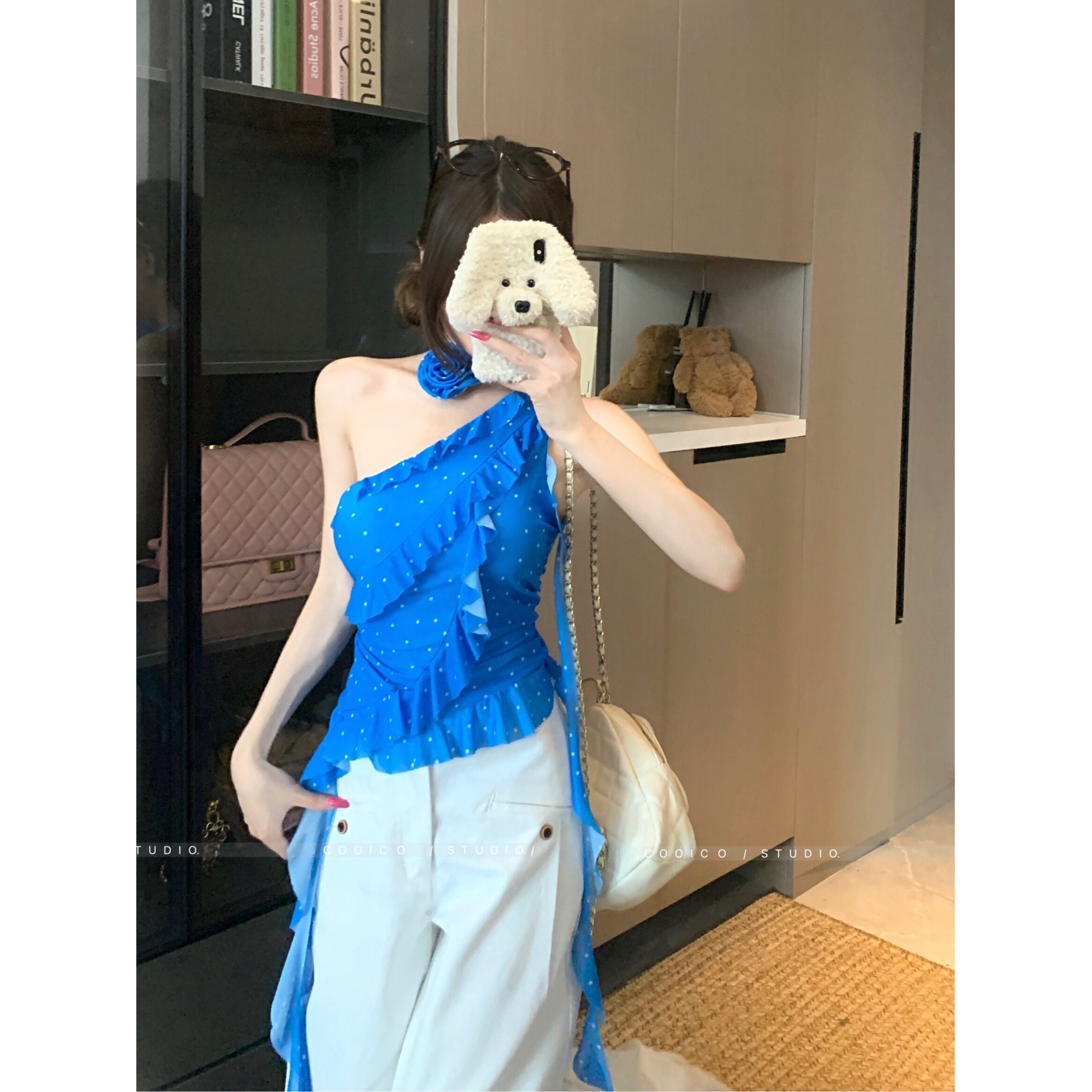 2025年夏季新款法式小香风无袖波点衬衫女设计感木耳边背心上衣女