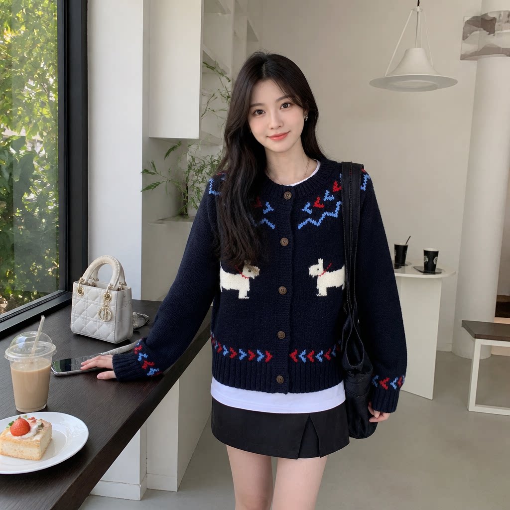 韩系小狗提花圆领针织毛衣女秋冬
