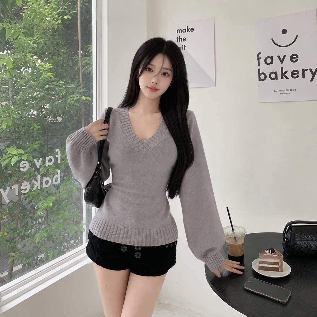 灰色V领修身软糯针织衫女春秋