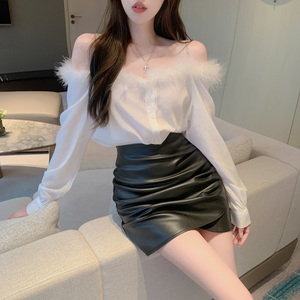 甜美一字肩毛毛长袖衬衫女装春季薄款设计感小众宽松衬衣短款上衣