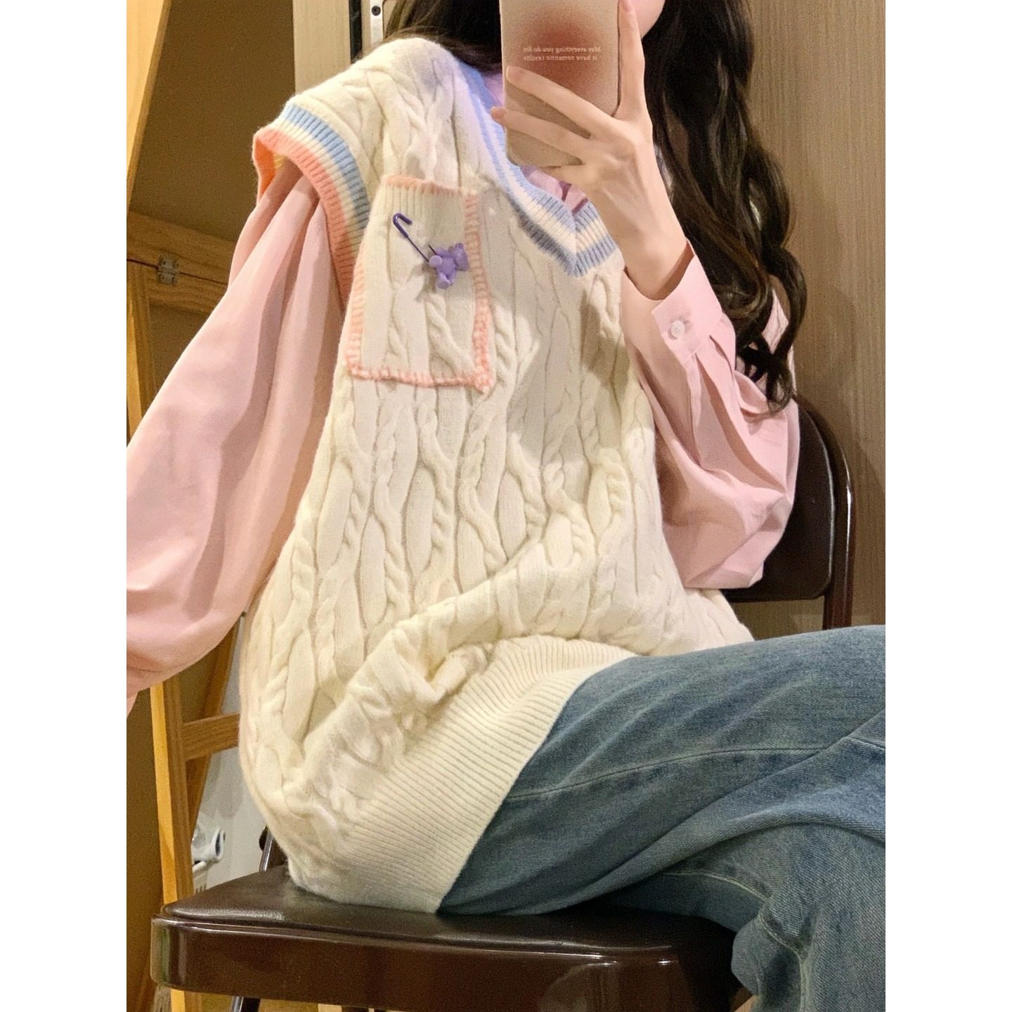 奶系学生装温柔风毛衣显瘦慵懒针织马甲粉色衬衫甜美两件套装软糯