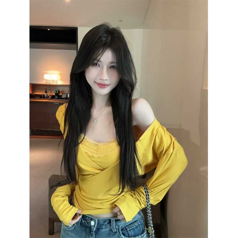 纯欲套装长袖V领修身T恤女装2025春季内搭蕾丝花边吊带背心两件套