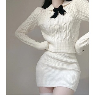 学院风蝴蝶结减龄针织连衣裙女秋冬新款包臀毛衣短裙子套装两件套
