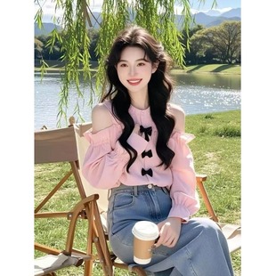 粉色高级感蝴蝶结设计感露肩长袖衬衫女春夏新款别致小衫好看上衣