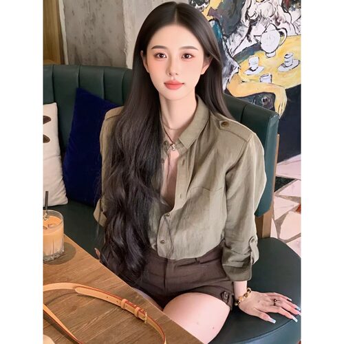 复古POLO领工装衬衫女宽松显瘦