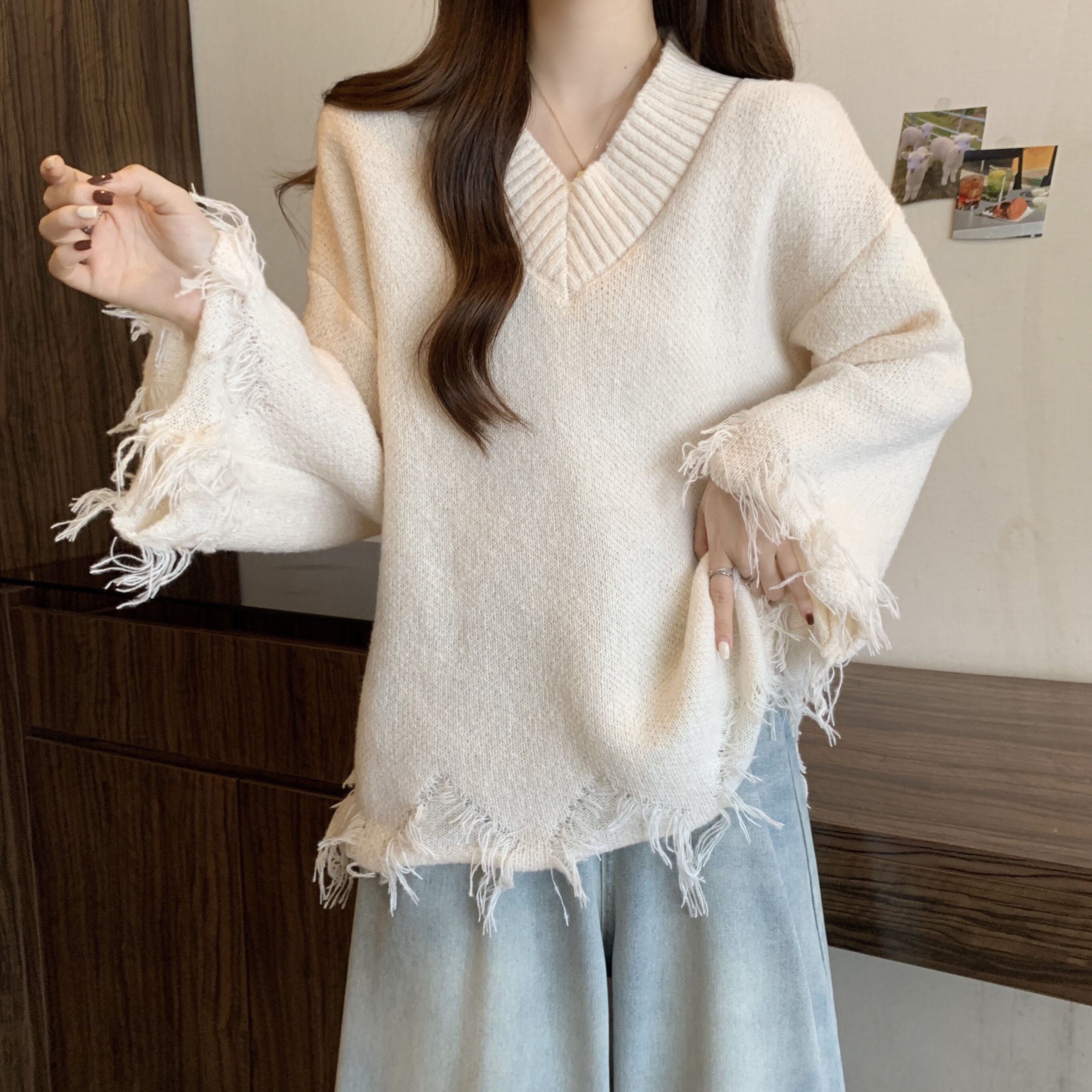大码宽松流苏V领秋冬女针织衫