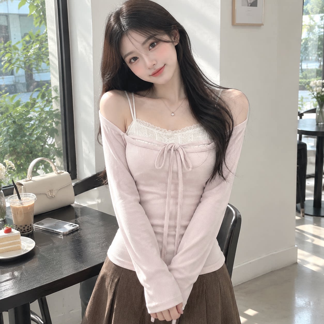 秋季假两件修身蕾丝长袖T恤女