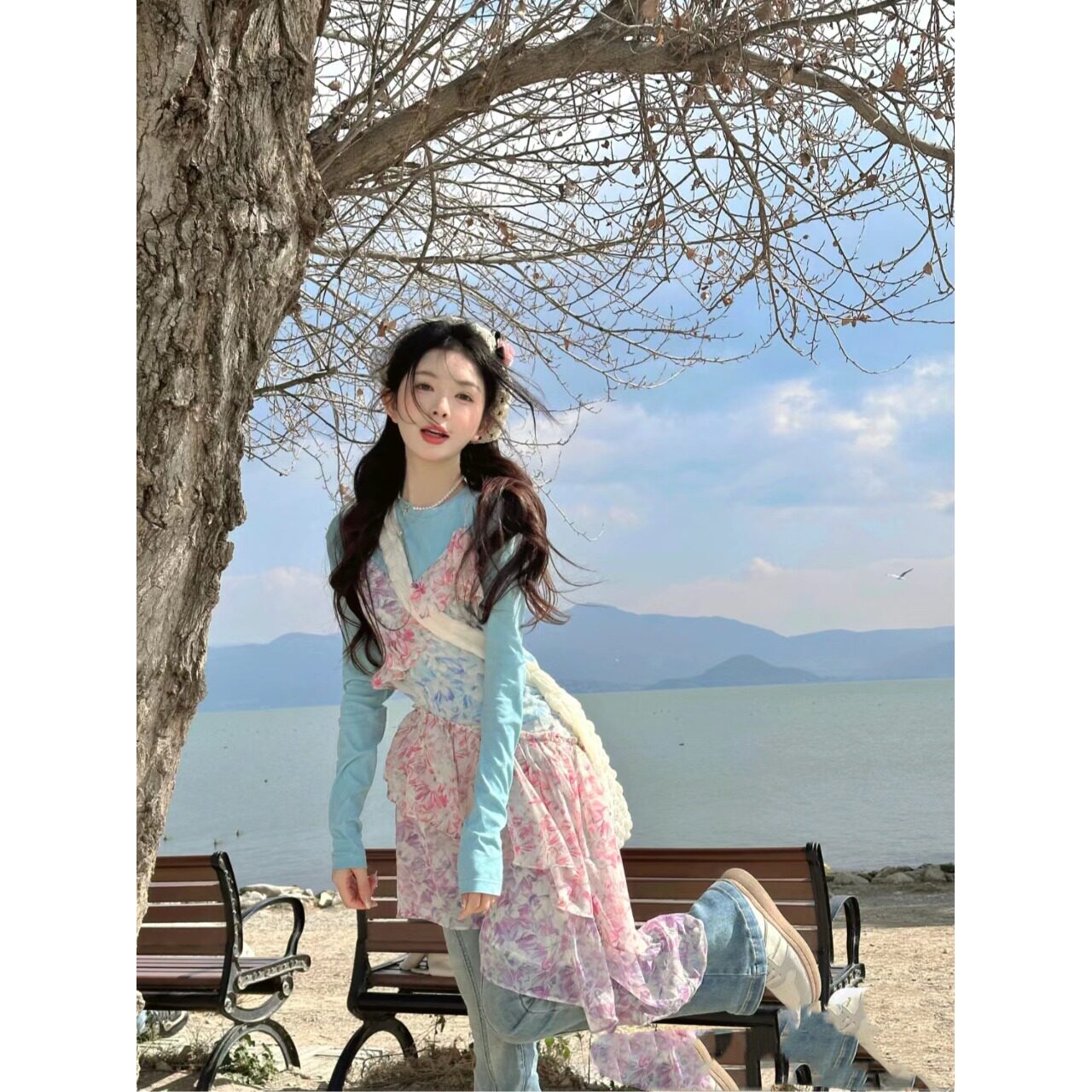 套装女2025早春新款设计感小众独特别致碎花吊带连衣裙打底衫上衣