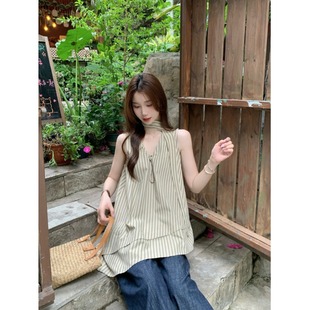 上衣 豎條紋背心女夏寬松設計感小眾不規則斜下擺系帶外穿v領無袖