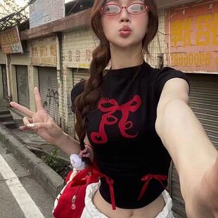 蝴蝶结印花圆领短袖正肩T恤女夏季修身褶皱辣妹小众短款灰色上衣
