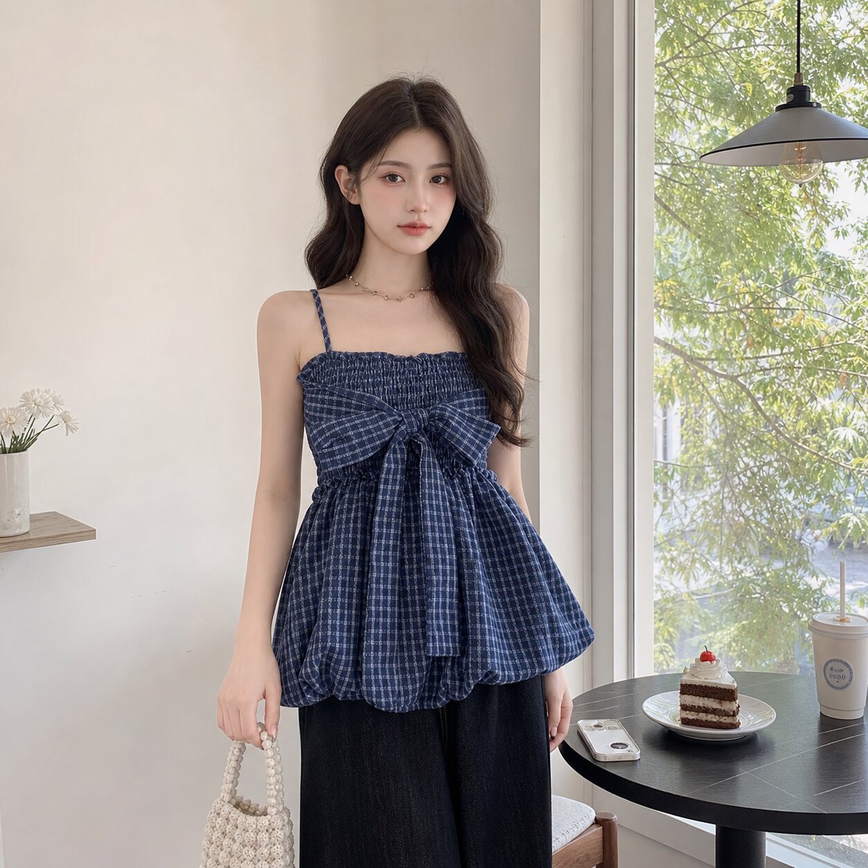夏季纯欲格纹蝴蝶结显瘦吊带背心