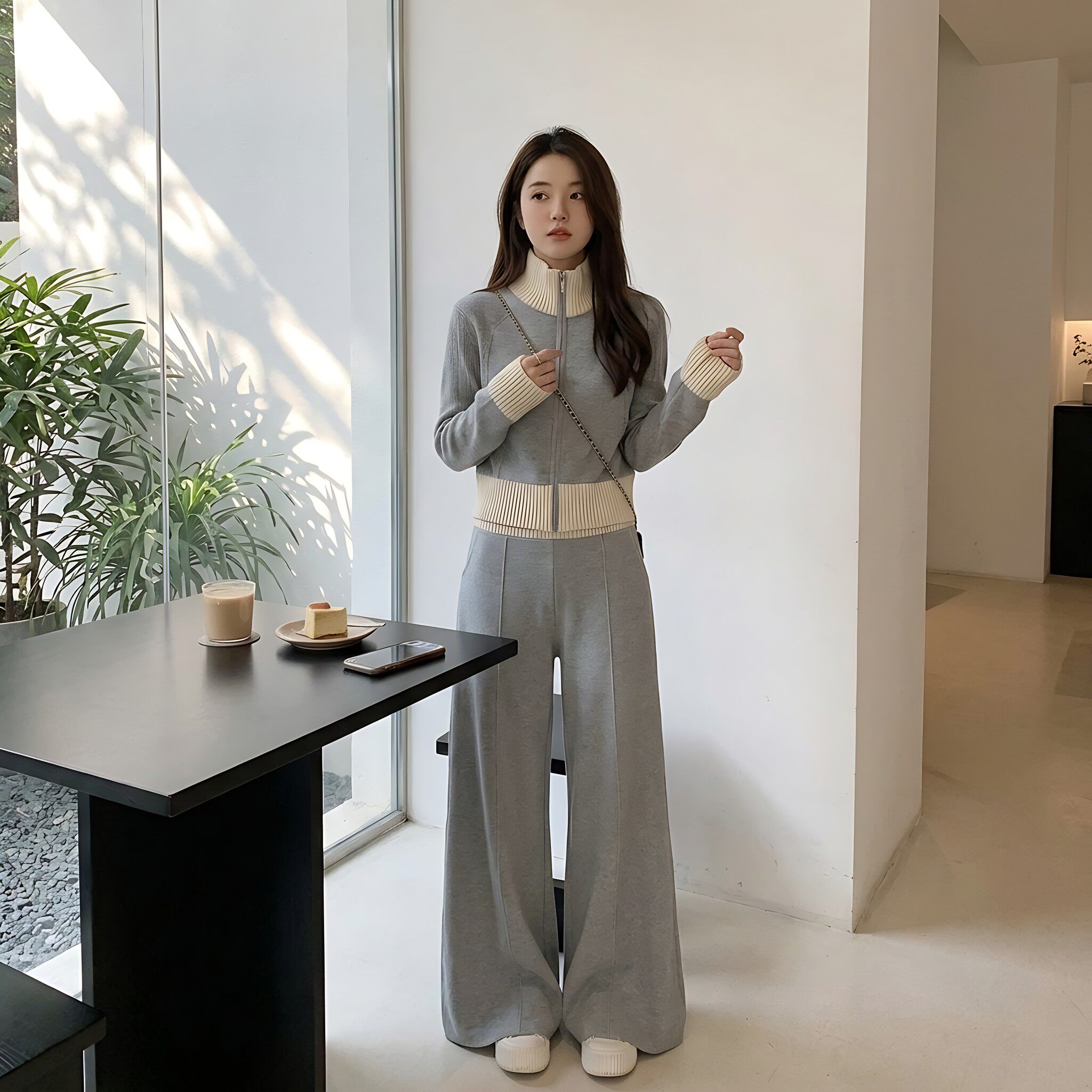 春冬加绒加厚阔腿裤女两件套